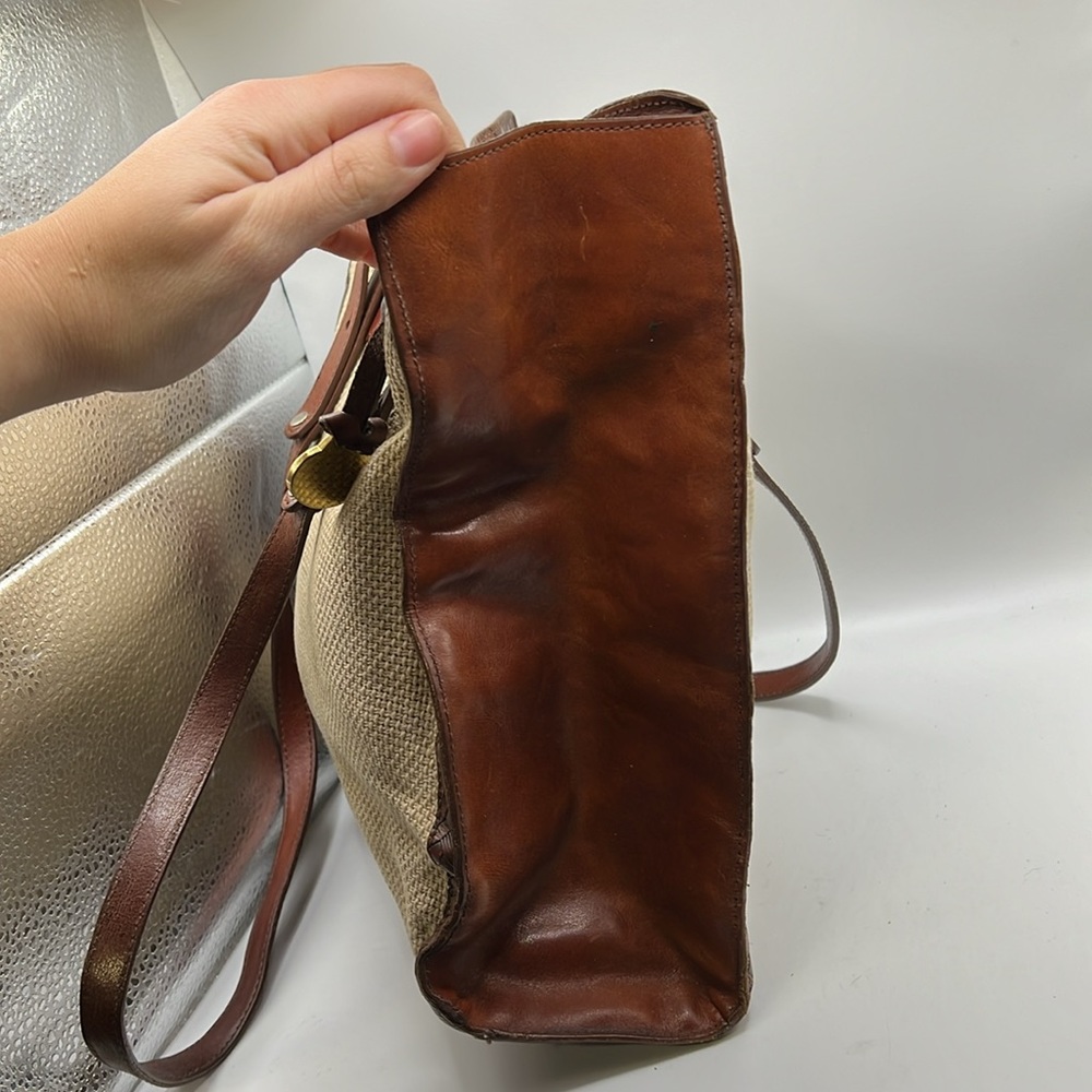 Brahmin Beige Woven Tote with Brown Leather Trim - Picture 4 of 16